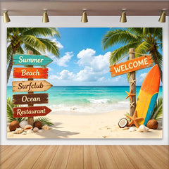 Lofaris Vibrant Sommerstrand Fotohintergrund mit Palmen und Surfbrett, perfekte Kulisse für Urlaubsfotos und professionelles Fotostudio