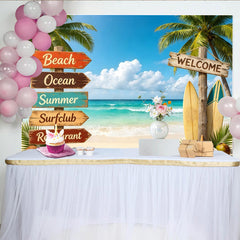 Lofaris Tropischer Sommerstrand Fotohintergrund mit Palmen und Surfbrettern, perfekte Kulisse für Urlaubsfotos und Strandpartys