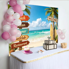 Lofaris Tropischer Sommerstrand Fotohintergrund mit Palmen und Surfbrettern, perfekte Kulisse für Urlaubsfotos und Strandpartys