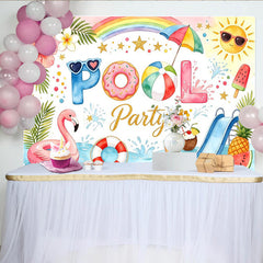 Lofaris Bunter Poolparty-Hintergrund mit Flamingo und Regenbogen, strahlende Sommerdekoration für Fotoshootings und Partys