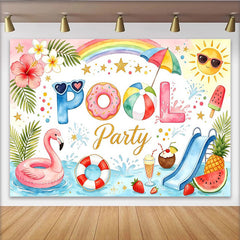 Lofaris Bunter Poolparty-Hintergrund mit Flamingo und Regenbogen, strahlende Sommerdekoration für Fotoshootings und Partys