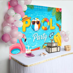 Lofaris Bunter Poolparty-Hintergrund mit Schwimmreifen und Flamingo, sommerliche Fotokulisse für lustige Fotoshootings und Partydeko