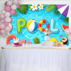 Lofaris Bunter Pool-Fotohintergrund mit Schwimmringen und Sommer-Elementen, perfekte Kulisse für Sommerpartys und Fotoshootings