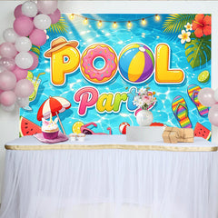 Lofaris Bunter Poolparty-Geburtstagshintergrund mit Donut und Strandball, sommerliche Fotokulisse für Kinder und Erwachsene