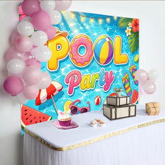 Lofaris Bunter Poolparty-Geburtstagshintergrund mit Donut und Strandball, sommerliche Fotokulisse für Kinder und Erwachsene