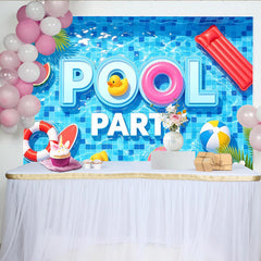 Lofaris Blauer Poolparty-Hintergrund mit aufblasbaren Spielzeugen und Sommer-Vibes, fröhliche Kulisse für Sommerfeste und Fotoshootings