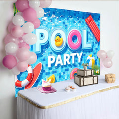 Lofaris Blauer Poolparty-Hintergrund mit aufblasbaren Spielzeugen und Sommer-Vibes, fröhliche Kulisse für Sommerfeste und Fotoshootings