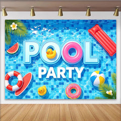 Lofaris Blauer Poolparty-Hintergrund mit aufblasbaren Spielzeugen und Sommer-Vibes, fröhliche Kulisse für Sommerfeste und Fotoshootings