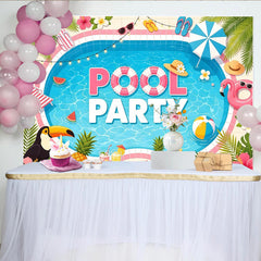 Lofaris Fröhlicher Poolparty-Hintergrund mit Flamingos und Ananas, perfekte Sommerdekoration für Fotoshootings