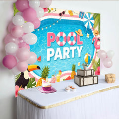 Lofaris Fröhlicher Poolparty-Hintergrund mit Flamingos und Ananas, perfekte Sommerdekoration für Fotoshootings