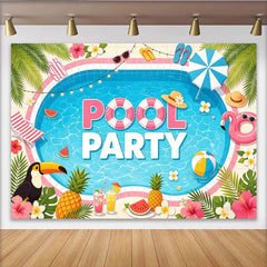 Lofaris Fröhlicher Poolparty-Hintergrund mit Flamingos und Ananas, perfekte Sommerdekoration für Fotoshootings