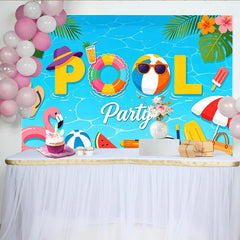 Lofaris Lebhafter Sommer-Poolparty-Hintergrund mit Flamingo und Strandball, farbenfrohe Fotokulisse für lustige Sommerfeste und Fotoshootings