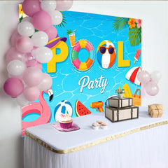 Lofaris Lebhafter Sommer-Poolparty-Hintergrund mit Flamingo und Strandball, farbenfrohe Fotokulisse für lustige Sommerfeste und Fotoshootings