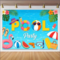 Lofaris Lebhafter Sommer-Poolparty-Hintergrund mit Flamingo und Strandball, farbenfrohe Fotokulisse für lustige Sommerfeste und Fotoshootings