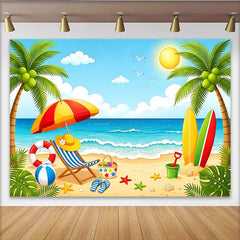 Lofaris Lebhafter Sommerstrandhintergrund mit Palmen und Surfbrettern, bunte Fotokulisse für Urlaubsparty und professionelles Fotostudio