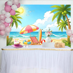Lofaris Farbenfroher Sommer Strand-Fotohintergrund mit Palmen und Meer, ideale Kulisse für Urlaubsfotos und professionelle Fotografie