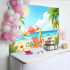 Lofaris Farbenfroher Sommer Strand-Fotohintergrund mit Palmen und Meer, ideale Kulisse für Urlaubsfotos und professionelle Fotografie