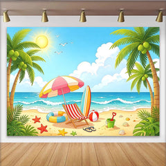 Lofaris Farbenfroher Sommer Strand-Fotohintergrund mit Palmen und Meer, ideale Kulisse für Urlaubsfotos und professionelle Fotografie