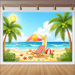 Lofaris Lebhafter Sommerstrand-Fotohintergrund mit Palmen und blauem Meer, bunte Strandkulisse für Urlaubsfotos und Partys