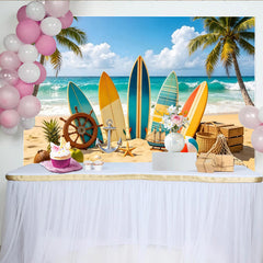 Lofaris Lebhafter Sommerstrand Fotohintergrund mit Surfbrettern und Palmen, tropische Kulisse für Urlaubsfotoshootings und Studiodekoration