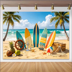 Lofaris Lebhafter Sommerstrand Fotohintergrund mit Surfbrettern und Palmen, tropische Kulisse für Urlaubsfotoshootings und Studiodekoration