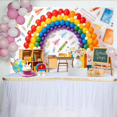 Lofaris Bunter Regenbogen Schulanfangshintergrund mit Schulmaterialien, fröhliche Kulisse für Einschulungsfeier und Fotoshooting