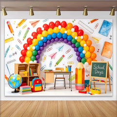 Lofaris Bunter Regenbogen Schulanfangshintergrund mit Schulmaterialien, fröhliche Kulisse für Einschulungsfeier und Fotoshooting