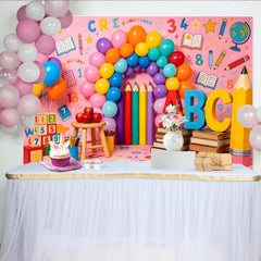 Lofaris Bunter ABC Schulhintergrund mit Ballons Zahlen und Bleistiften für Kinderfotografie, fröhliche Lernkulisse für Fotostudio