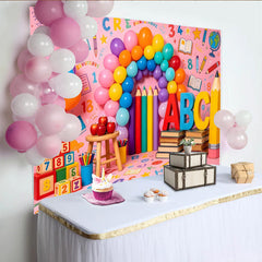 Lofaris Bunter ABC Schulhintergrund mit Ballons Zahlen und Bleistiften für Kinderfotografie, fröhliche Lernkulisse für Fotostudio