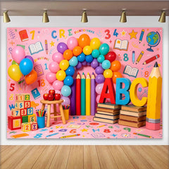Lofaris Bunter ABC Schulhintergrund mit Ballons Zahlen und Bleistiften für Kinderfotografie, fröhliche Lernkulisse für Fotostudio