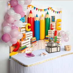 Lofaris Bunter Schulanfang Hintergrund mit Alphabet Buchstaben und Bleistiften, fröhliche Lernkulisse für Kinder, Fotostudio