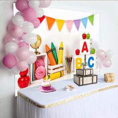 Lofaris Bunter Schul-Fotohintergrund mit ABC-Blöcken und Buntstiften, fröhliche Lernkulisse für Kinderfotografie und Schulanfang