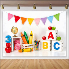 Lofaris Bunter Schul-Fotohintergrund mit ABC-Blöcken und Buntstiften, fröhliche Lernkulisse für Kinderfotografie und Schulanfang