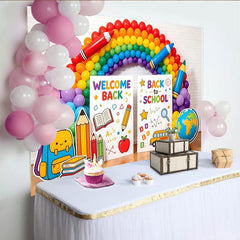 Lofaris Fröhlicher Schulanfang Hintergrund mit Regenbogen und Schulmaterialien, ideale Fotowand für Einschulungsfeier und Klassenzimmer