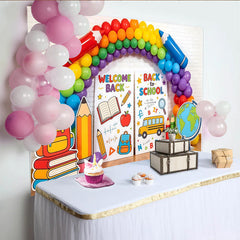 Lofaris Bunter Schulanfangshintergrund mit Regenbogen Luftballons und Schulbus, fröhliche Fotowand für Einschulungsfeier