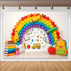 Lofaris Bunter Einschulung Hintergrund mit Regenbogenballons und Schulbus, fröhliche Lernkulisse für Schulanfang Partydekoration