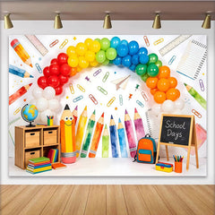 Lofaris Bunter Einschulungs-Hintergrund mit Regenbogen Luftballons und Bleistiften, fröhliche Fotowand für Schulanfang und Kinderfotografie