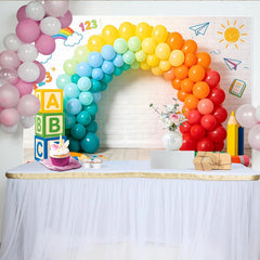 Lofaris Regenbogen Schul-Fotohintergrund mit ABC Blöcken und Buntstiften, spielerische Fotowand für Kindergeburtstag und Lernparty
