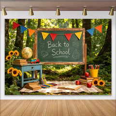 Lofaris Grüner Wald Schulanfangshintergrund mit Tafel und bunten Wimpeln, Bücher Globus Sonnenblumen für Schulfeier Fotostudio Kulisse