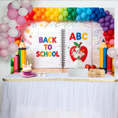 Lofaris Bunter Schulanfangshintergrund mit ABC und Apfel für Kinder, fröhliche Kulisse mit Regenbogen Luftballons und Bleistiften