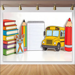 Lofaris Bunter Schulanfang Hintergrund mit Schulbus Büchern und Bleistiften, fröhliche Fotowand für Kinder und Klassenzimmer-Dekoration