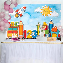 Lofaris Bunter Lern-Fotohintergrund mit ABC Zahlen und Rakete für Kinder, fröhliche Fotowand für Kindergarten und Schulfotografie