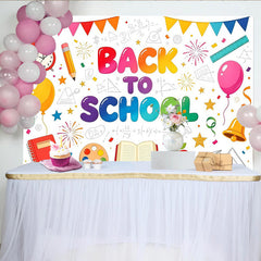 Lofaris Bunter Schulanfang Hintergrund mit Back to School Text und Schulmaterialien, fröhliche Kulisse für Kinder Partydekoration