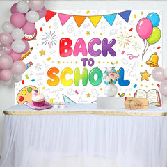 Lofaris Bunter Schulanfangshintergrund mit Schulmaterialien und Luftballons, fröhliche Fotokulisse für Einschulungsfeier und Klassenzimmer