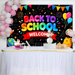 Lofaris Farbenfroher Schulanfangshintergrund mit Welcome Schriftzug, ideale Fotokulisse für Einschulung und Party
