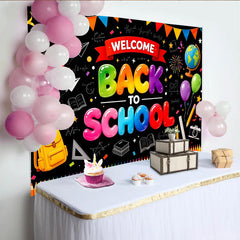 Lofaris Bunter Schulanfang Hintergrund mit Luftballons und Schulmaterialien, fröhliche Fotowand für Einschulungsfeier und Fotoshooting