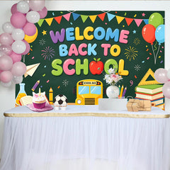 Lofaris Bunter Welcome Back to School Einschulungshintergrund, fröhliche Fotokulisse mit Schulbus für Schulanfang und Party