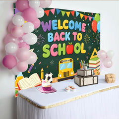 Lofaris Bunter Welcome Back to School Einschulungshintergrund, fröhliche Fotokulisse mit Schulbus für Schulanfang und Party
