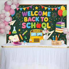 Lofaris Bunter Schulanfang Hintergrund mit Schulbus Büchern und Ballons, Willkommen zurück zur Schule Fotowand für Schulfeier