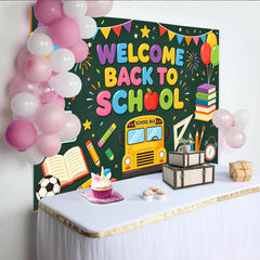 Lofaris Bunter Schulanfang Hintergrund mit Schulbus Büchern und Ballons, Willkommen zurück zur Schule Fotowand für Schulfeier